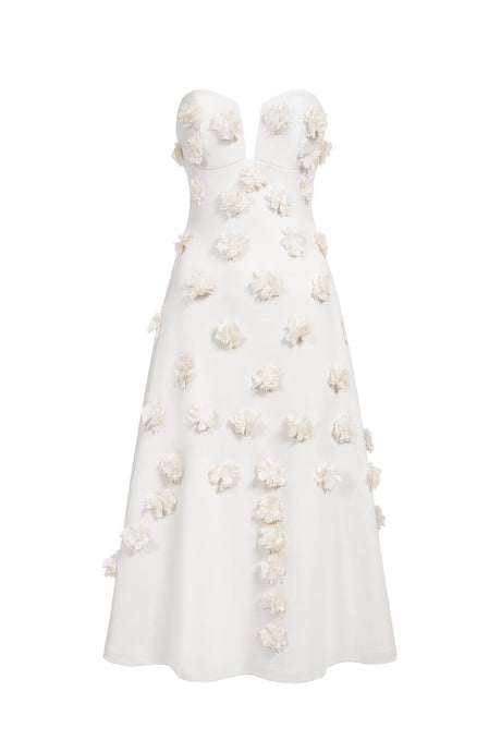White Eve Flowers Tube Midi Dress with delicate floral appliqués