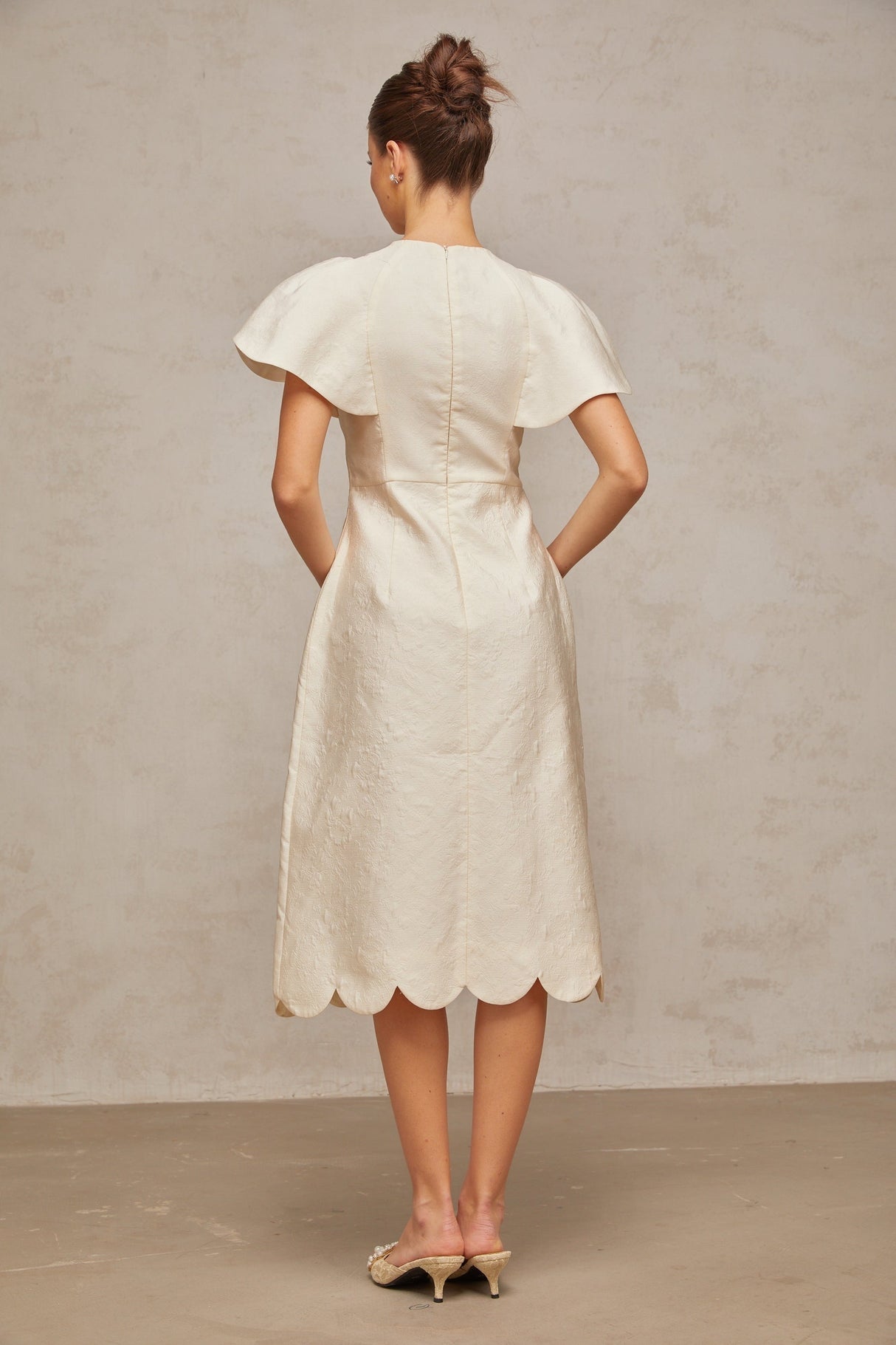 White floral midi dress with jacquard pattern named Segolene