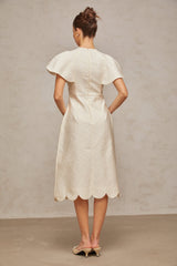 White floral midi dress with jacquard pattern named Segolene