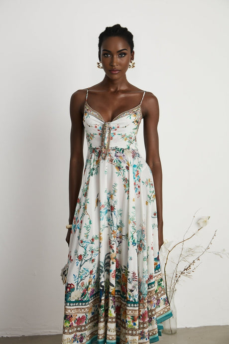 White floral print midi dress with embellishments and tropical motif featuring Philippineinspired design