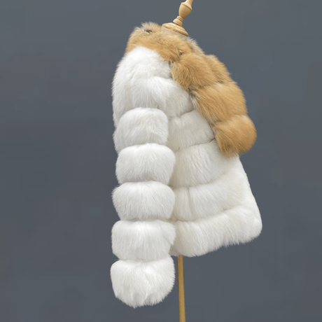 White Fox Fur Jacket with Golden - Brown Collar