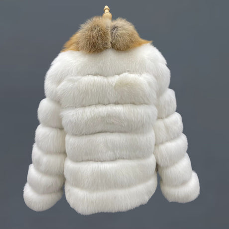 White Fox Fur Jacket with Golden - Brown Collar