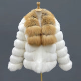 White Fox Fur Jacket with Golden - Brown Collar