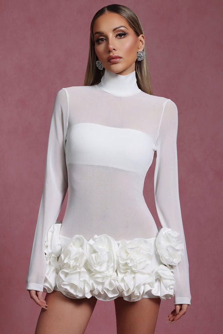 White Halasa Long Sleeve Flowers Mini Dress with Ruffled Floral Detailing