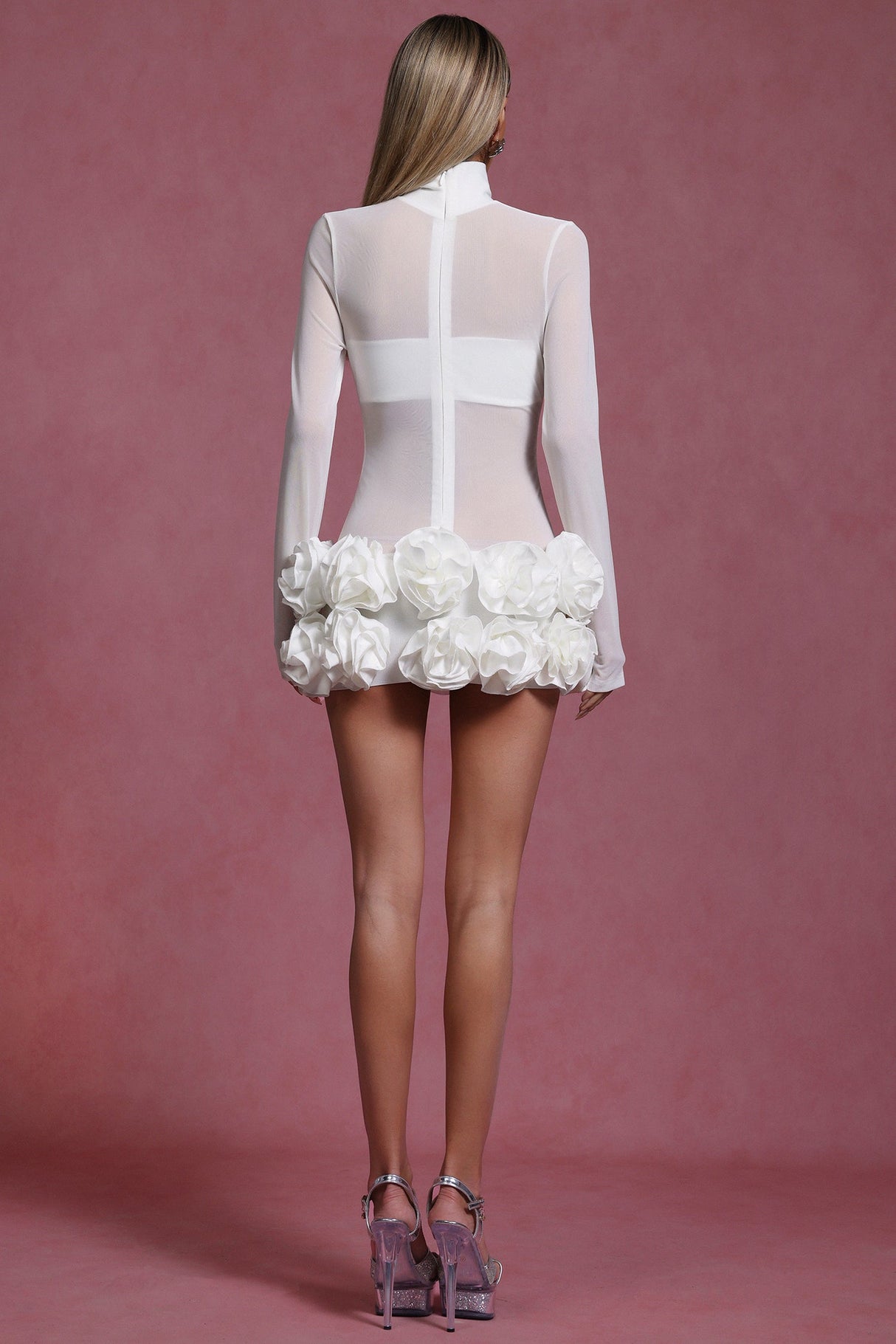 White Halasa Long Sleeve Flowers Mini Dress with Ruffled Floral Detailing