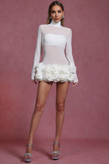 White Halasa Long Sleeve Flowers Mini Dress with Ruffled Floral Detailing