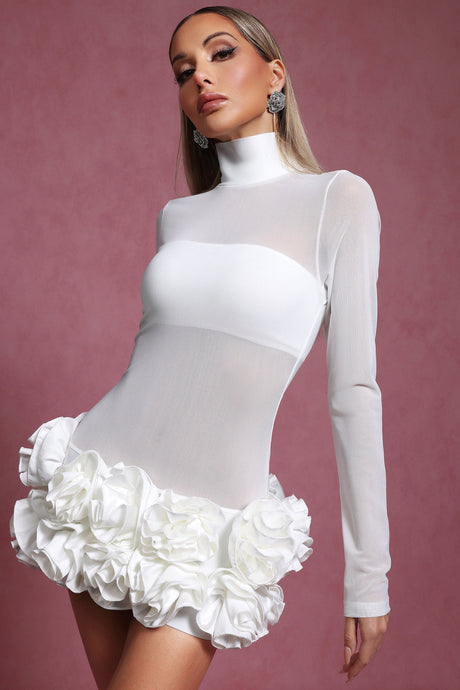 White Halasa Long Sleeve Flowers Mini Dress with Ruffled Floral Detailing