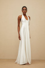 White Halterneck Sleeveless Maxi Dress with Ruched Detailing and Ribbon Design