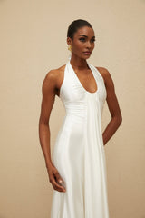 White Halterneck Sleeveless Maxi Dress with Ruched Detailing and Ribbon Design