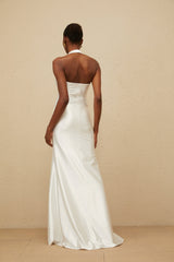White Halterneck Sleeveless Maxi Dress with Ruched Detailing and Ribbon Design