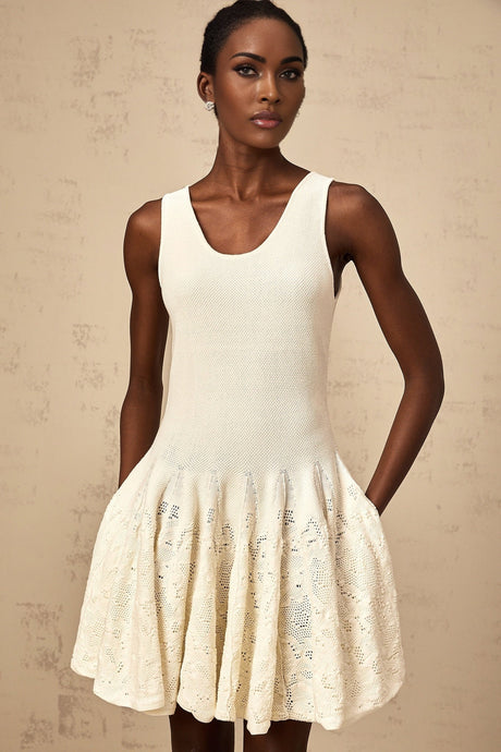 White jacquard knit mini dress with short sleeves and fitted silhouette named Eleonore