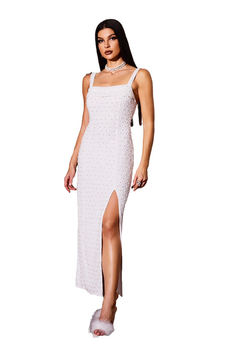White Kivi Pearl Side Slit Midi Dress for Evening Events and Parties