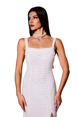 White Kivi Pearl Side Slit Midi Dress for Evening Events and Parties