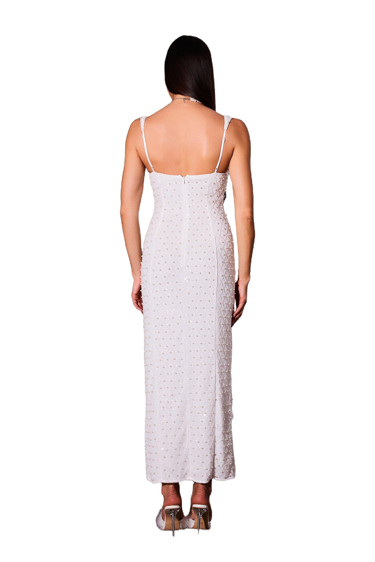 White Kivi Pearl Side Slit Midi Dress for Special Occasions