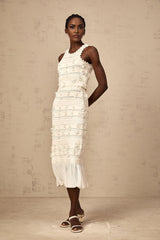 White knit matching set with pointelle trim top and skirt called Paola
