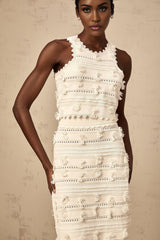 White knit matching set with top and skirt featuring pointelle trim details in Paola style