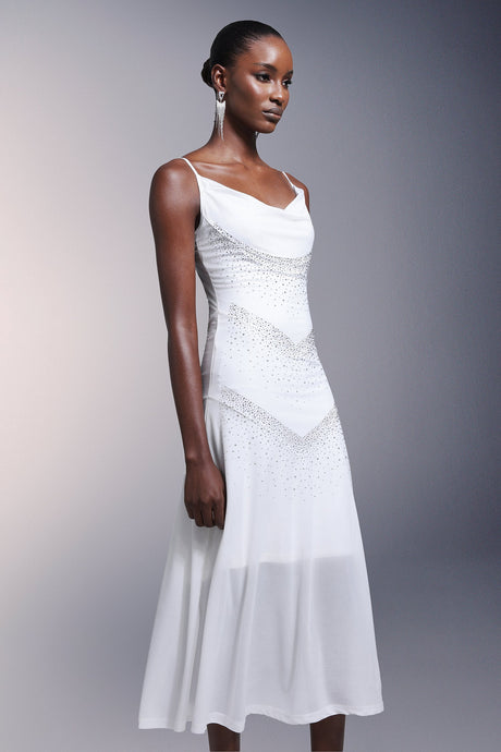 White Kuller Diamond Sleeveless Midi Dress with Diamond-like Embellishments