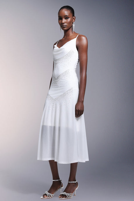 White Kuller Diamond Sleeveless Midi Dress with Diamond-like Embellishments