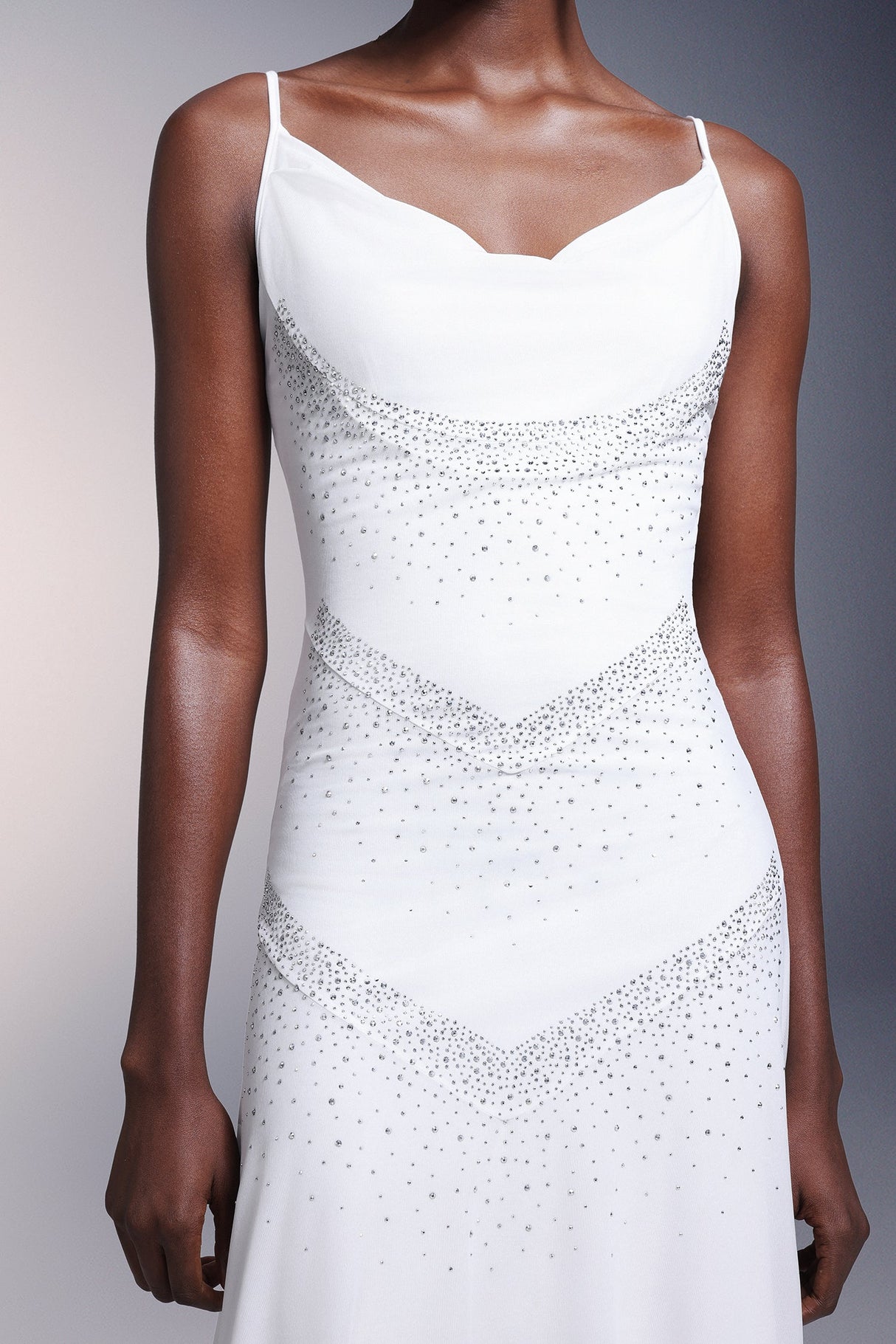 White Kuller Diamond Sleeveless Midi Dress with draped neckline and diamond-like embellishments