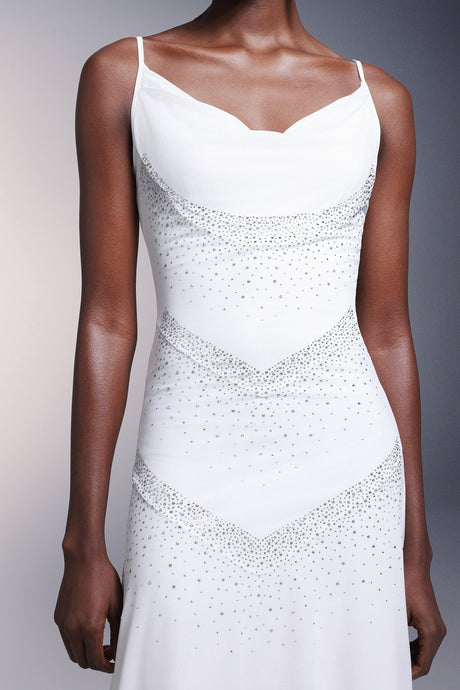 White Kuller Diamond Sleeveless Midi Dress with draped neckline and diamond-like embellishments