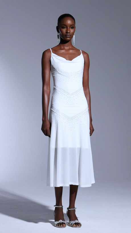 White Kuller Diamond Sleeveless Midi Dress with draped neckline and diamond-like embellishments