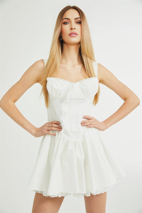 White lace corset mini dress with floral pattern and adjustable straps named Camille