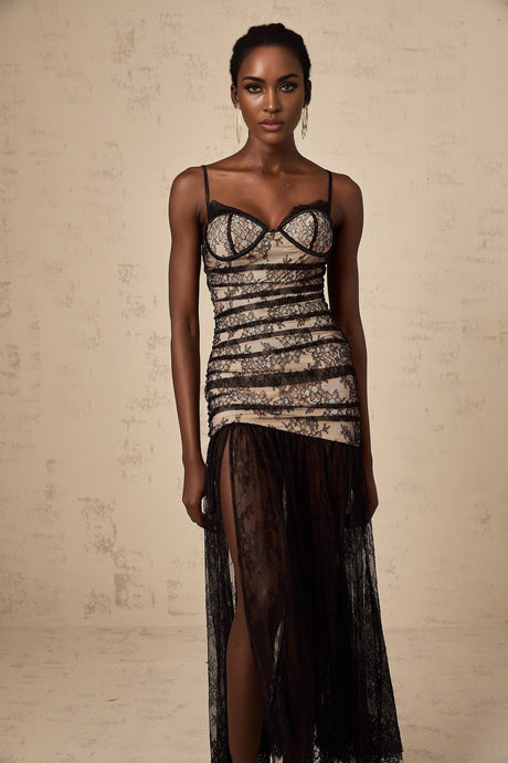White lace midi dress with floral embroidery ruffled bustier top and fitted silhouette