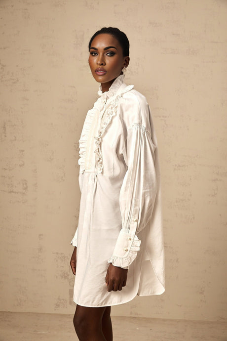 White lace trimmed mini shirt dress with ruffles and short sleeves