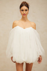 White layered tulle mini dress with bubble sleeves and skirt named Avril