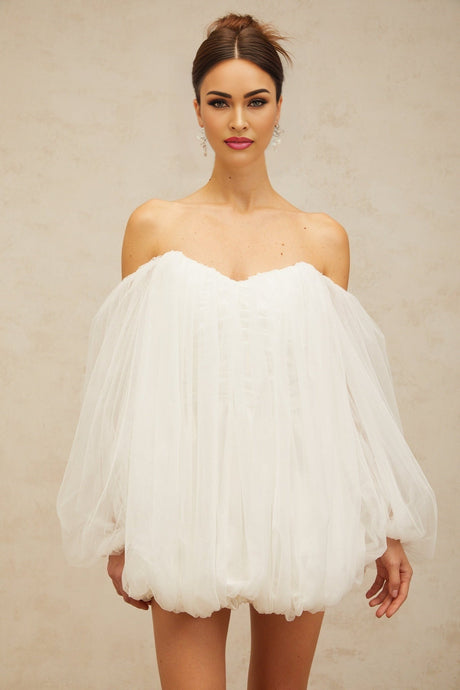 White layered tulle mini dress with bubble sleeves and skirt named Avril