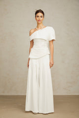 White matching set featuring Adele creased top and trousers