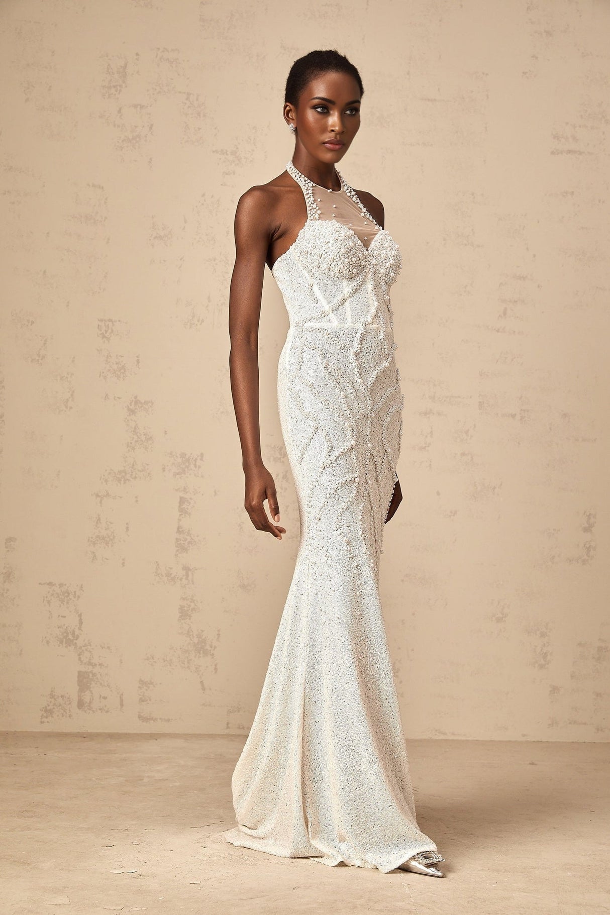 White maxi dress with faux pearl embellishments called Sophie