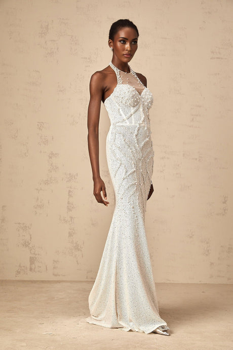 White maxi dress with faux pearl embellishments called Sophie