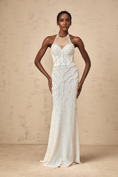 White maxi dress with faux pearl embellishments called Sophie