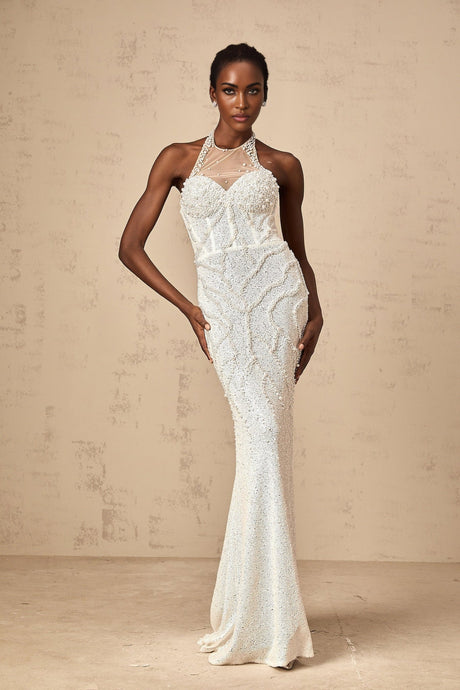 White maxi dress with faux pearl embellishments called Sophie