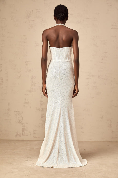White maxi dress with faux pearl embellishments called Sophie