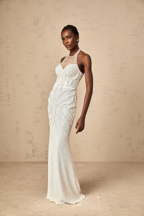 White maxi dress with faux pearl embellishments named Sophie