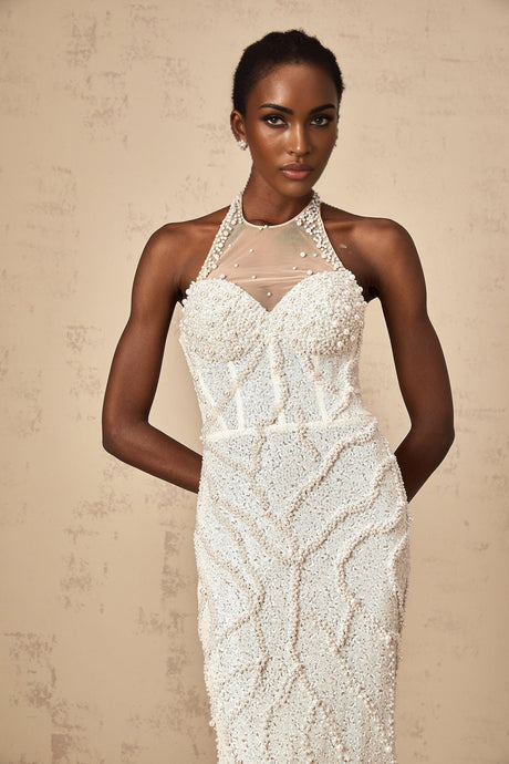 White maxi dress with faux pearl embellishments named Sophie