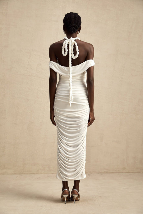 White midi dress with braided rope details named Emeline
