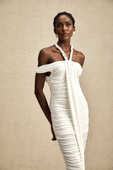 White midi dress with braided rope details named Emeline