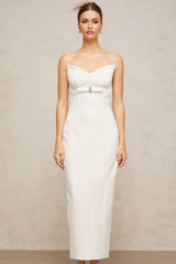 White midi dress with corset style bodice and bow detail named Isaline