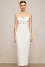 White midi dress with corset style bodice and bow detail named Isaline