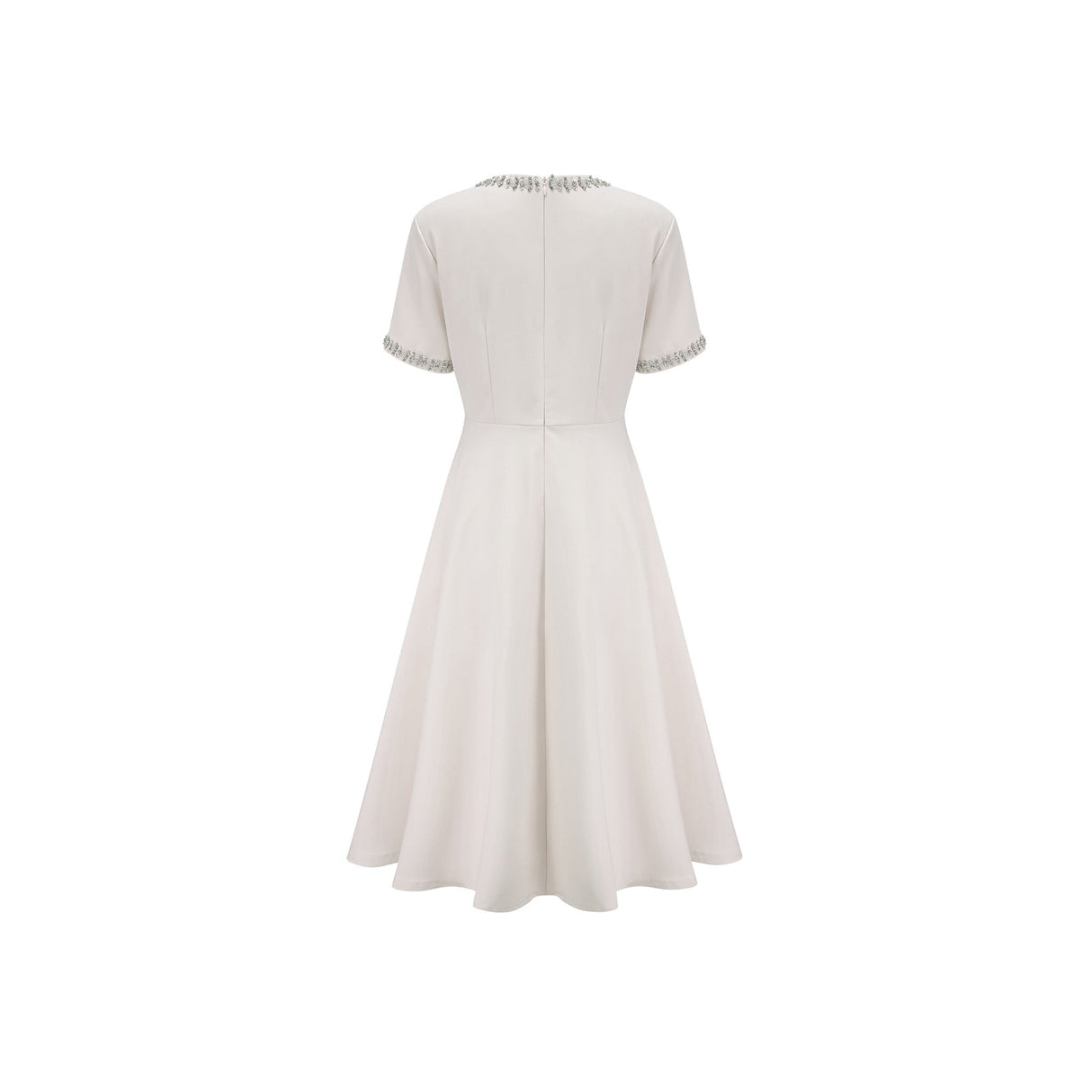 White midi dress with crystal accents and bow detail named Cassiopeia