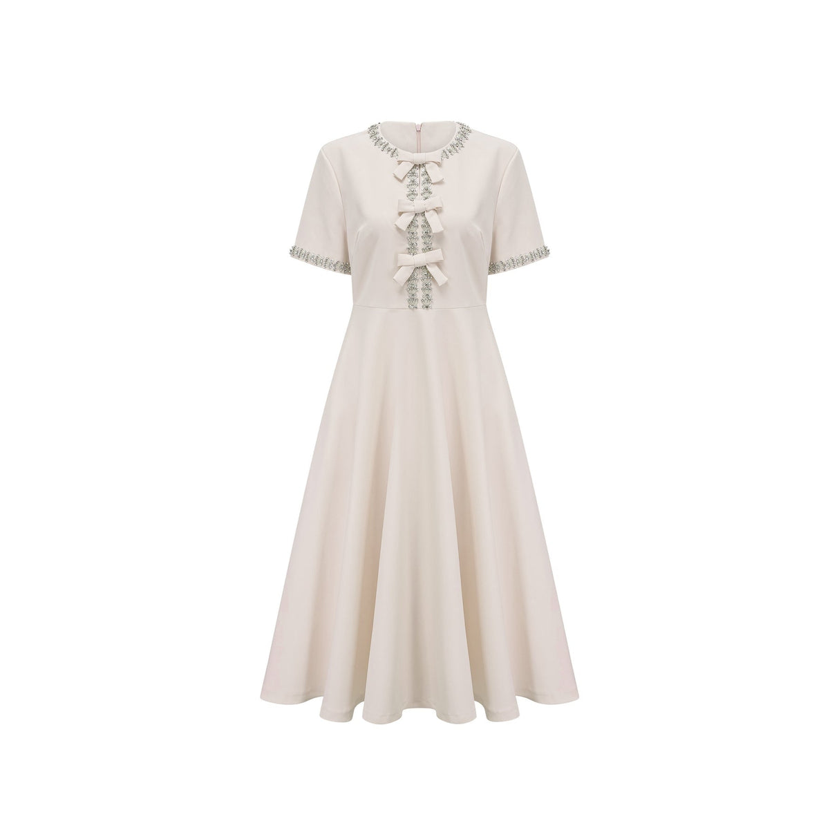 White midi dress with crystalaccented bow detail and Cassiopeia design