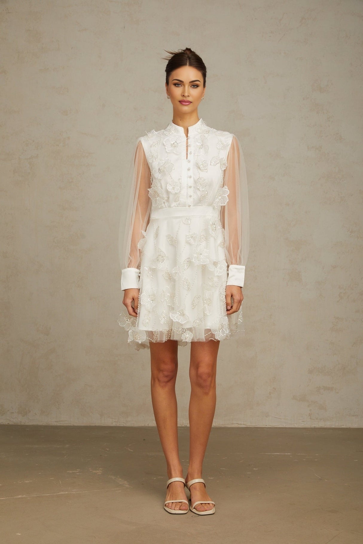 White mini dress with 3D floral tulle petals and short skirt named Camille