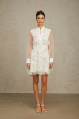 White mini dress with 3D floral tulle petals and short skirt named Camille