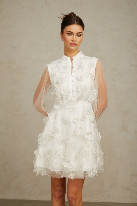 White mini dress with 3D tulle petals floral design short length sleeveless feminine style