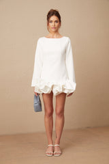 White mini dress with bubble skirt and short sleeves named Elodie
