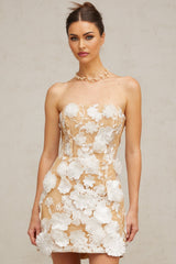 White mini dress with floral applique details named Veronica