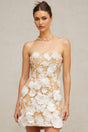 White mini dress with floral applique details named Veronica